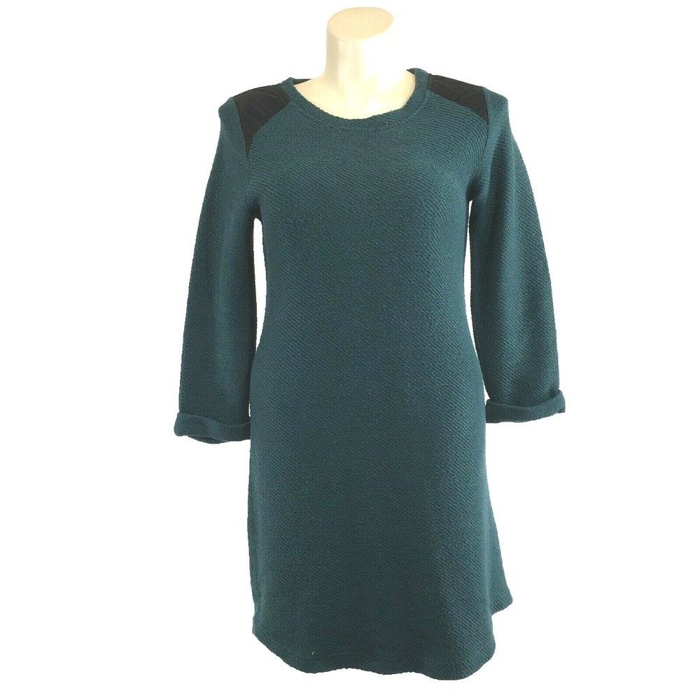 Soft Surroundings Dress MED Green Black Shoulder Long Sl High Low Tunic Sweater